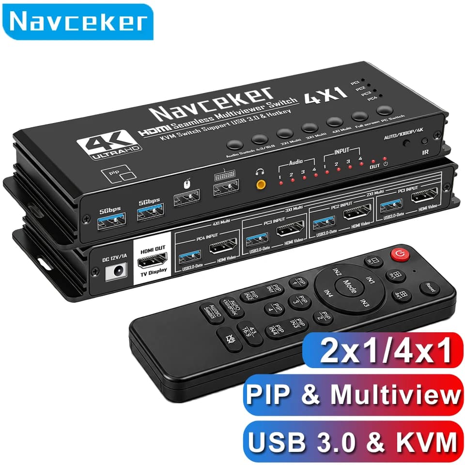 4 Port HDMI KVM Switch USB 3.0 4K Quad MultiViewer HDMI 4x1 HDMI PIP Seamless Switches 4 PC 1 Monitor Sharing Keyboard Mouse