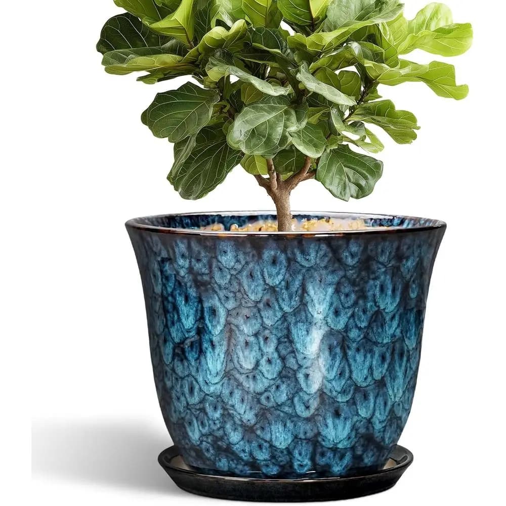 12 Inch Round Vases - Large Vases for Interior and Exterior with Drainage Hole and Subtle, Decorative Vases for Home and Garden, Blue