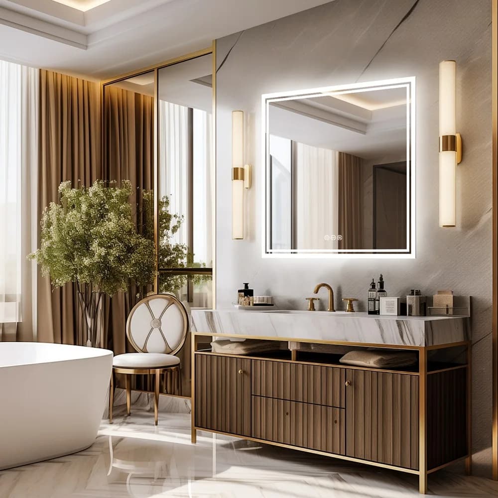 Factory-Fixed Square LED Smart Modern Ceramic Bathroom Mirror Heating Defogging Independent Touch Button Aluminum Frame Vanities