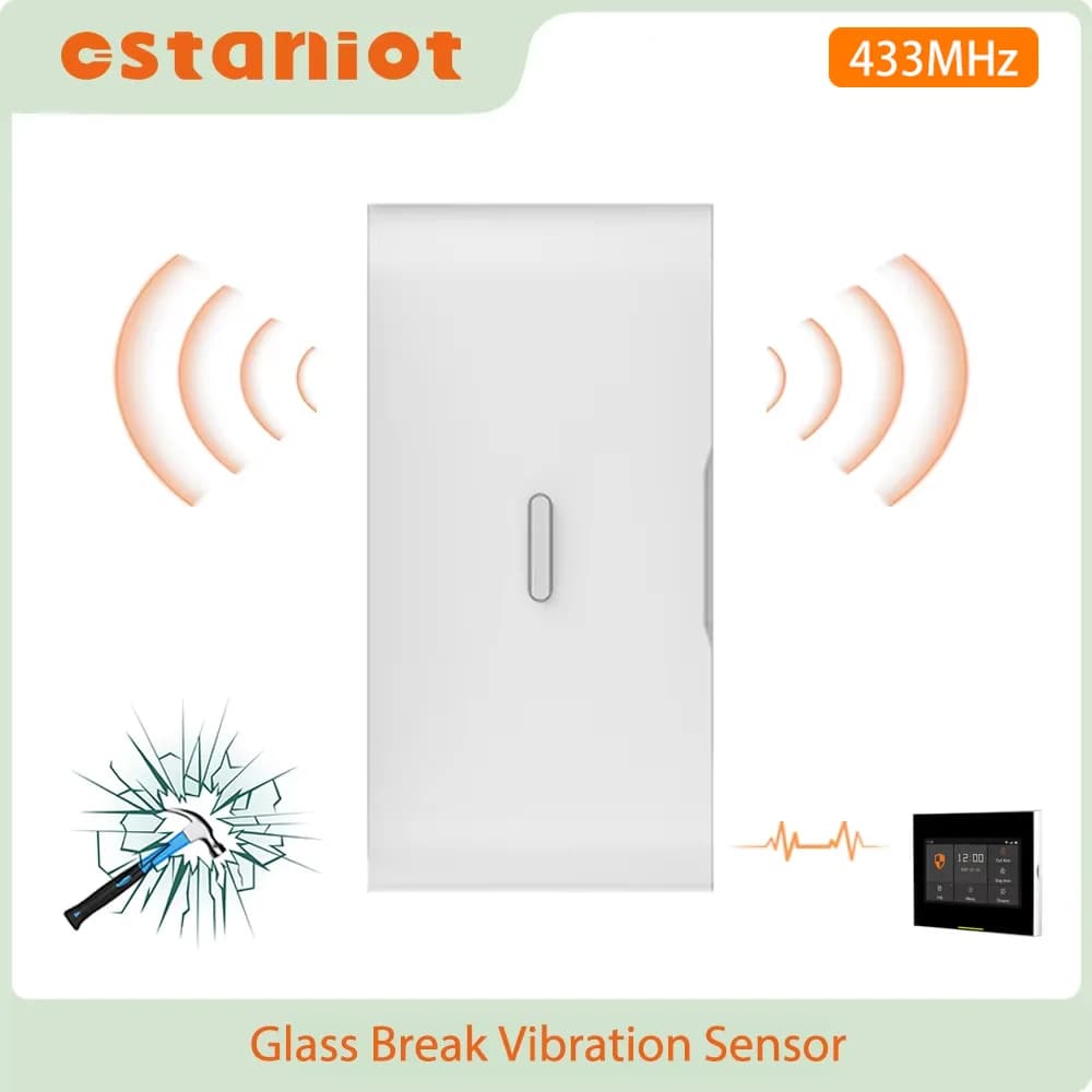 Ostaniot 433 MHz eV1527 Sensori di vibrazione per rottura vetri wireless Rilevatore di allarme per porte e finestre Antifurto per kit di sicurezza domestica