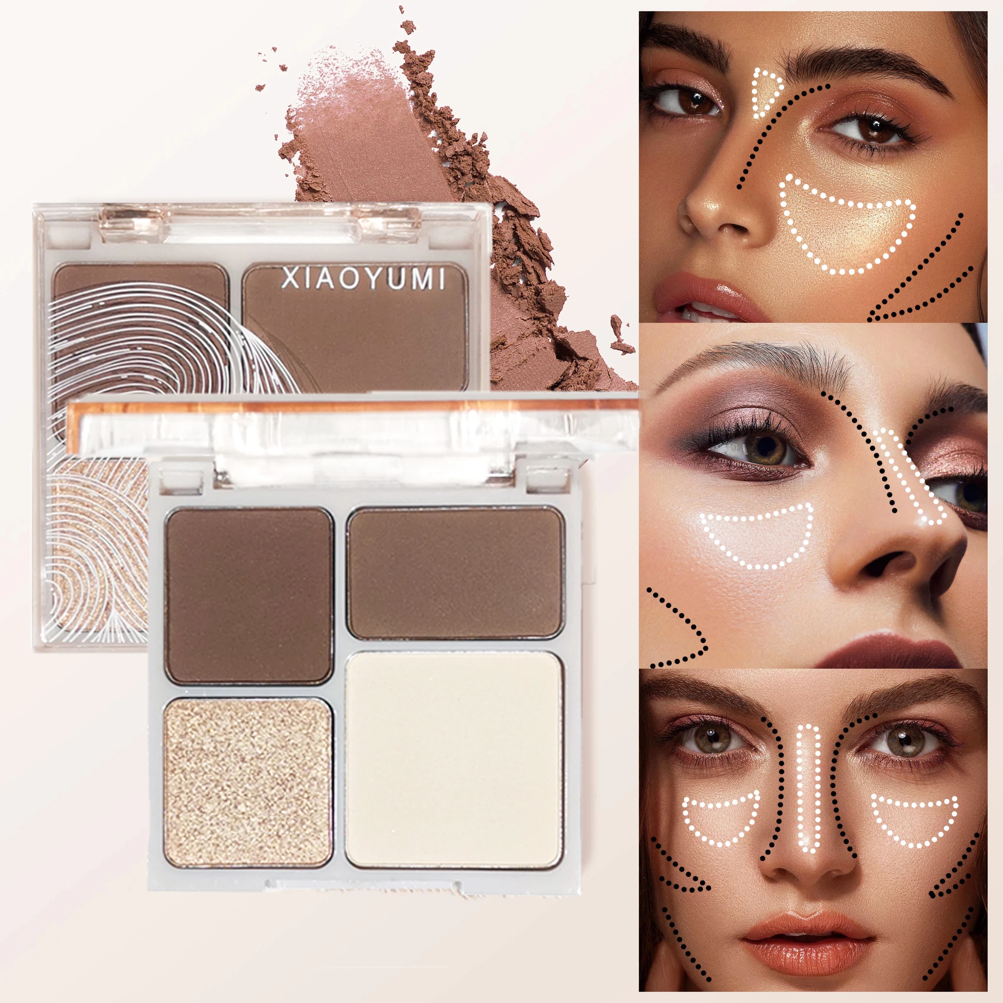 Table of highlighters and contours 4 in 1, illuminating and flashing portable matt, eye shadow and shadows on the nose, music festival