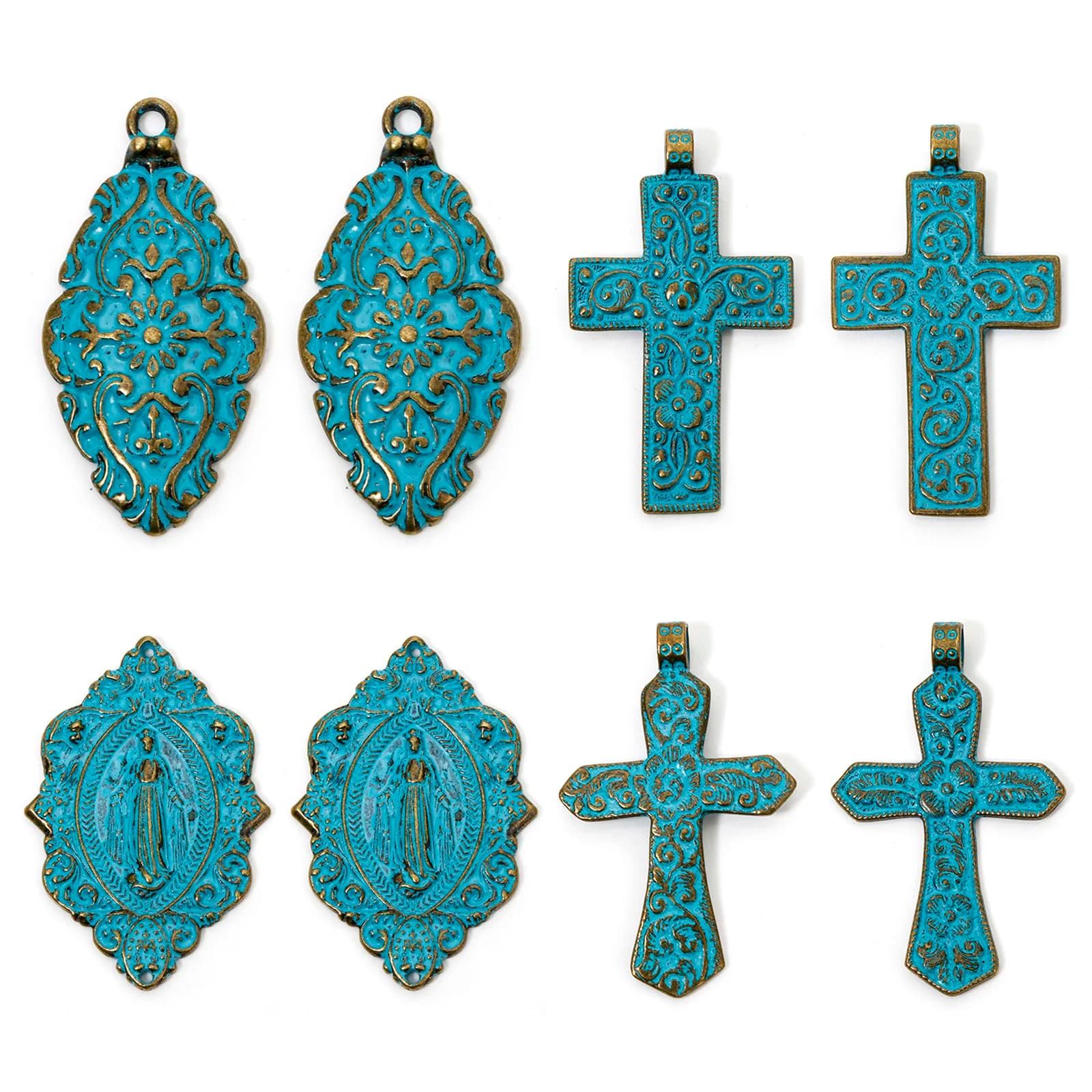 2 pezzi ciondoli religiosi bronzo antico croce blu vergine maria intagliato modello Patina Charms per gioielli collana fai da te 7.6cm x 4.4cm