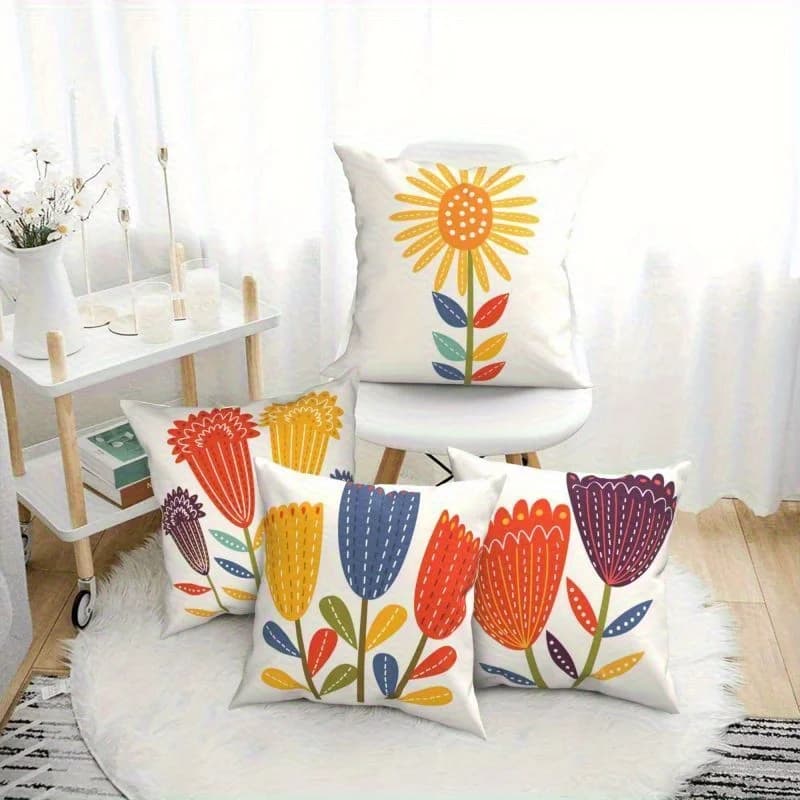 Large Printed Floral Throw Pillow Covers Set for Living Room and Bedroom Decorative Cotton Cushion Sunflowers Tulips Home Decor