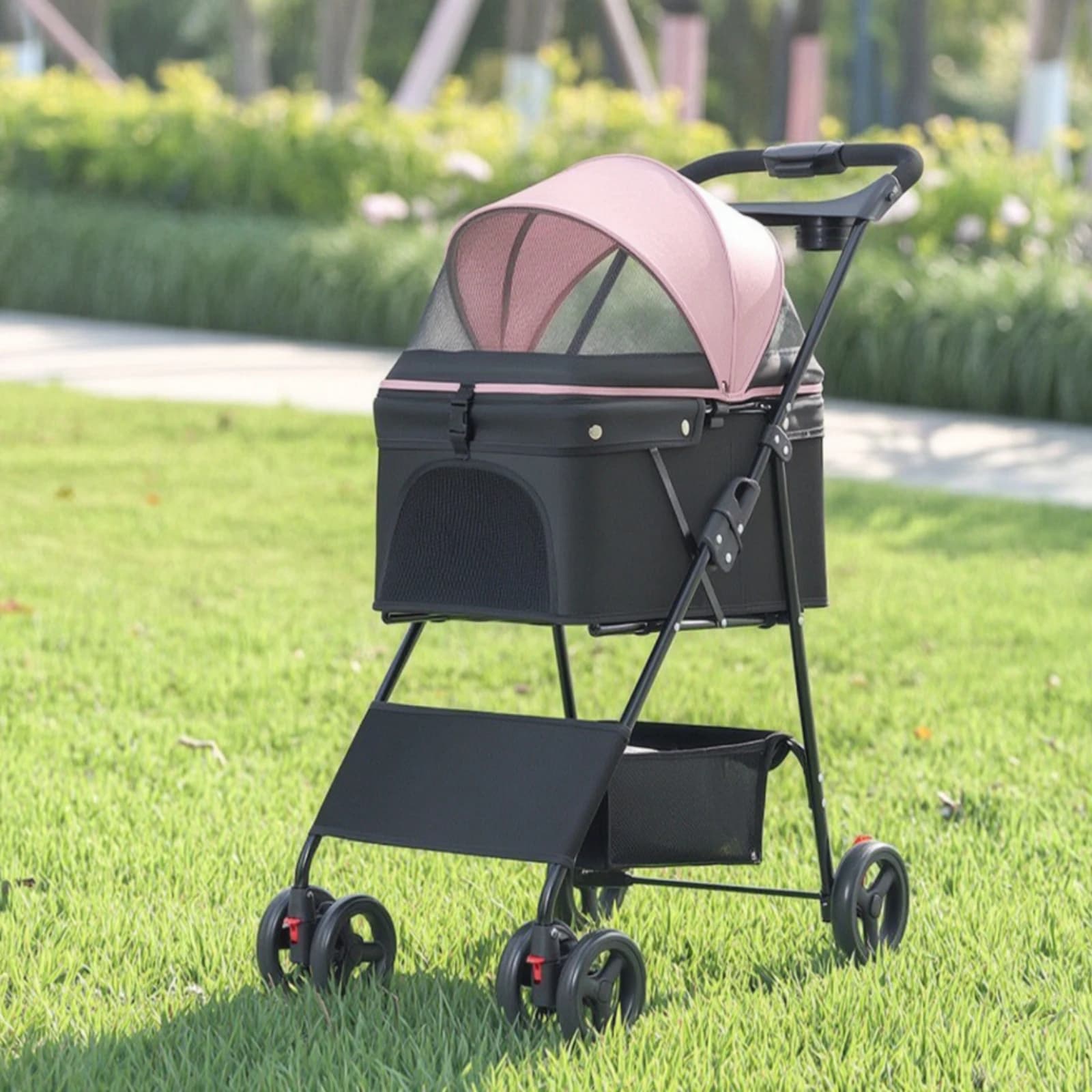 Pet Stroller with Storage Basket 4-Wheel Foldable Pet Stroller Stroller with Mesh Mesh Panels Portable Carrier Travel-Friendly