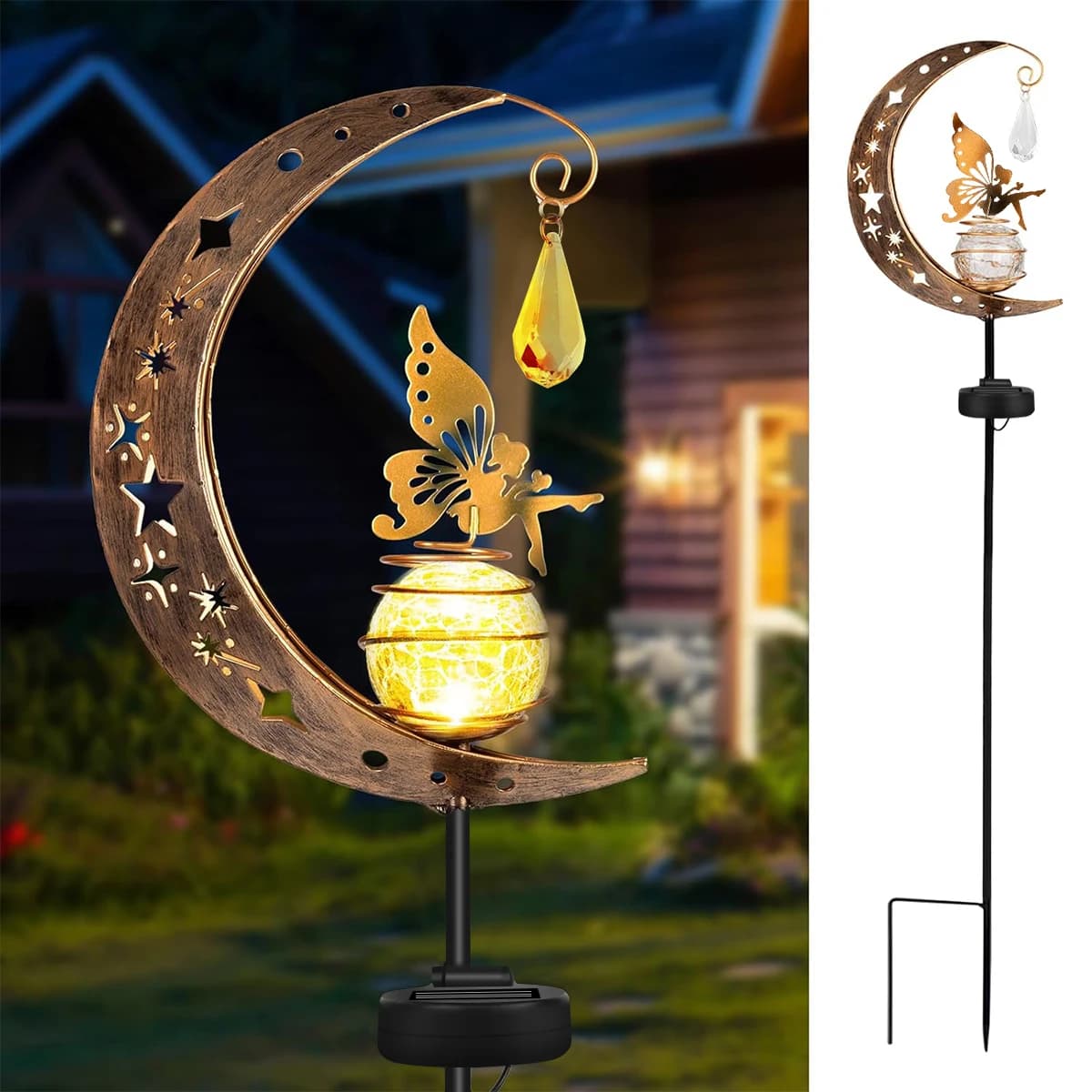 Luci da palo solari da giardino con fata lunare, globo di vetro crepitante per esterni con decorazione di luce con palo angolare in metallo per patio, prato
