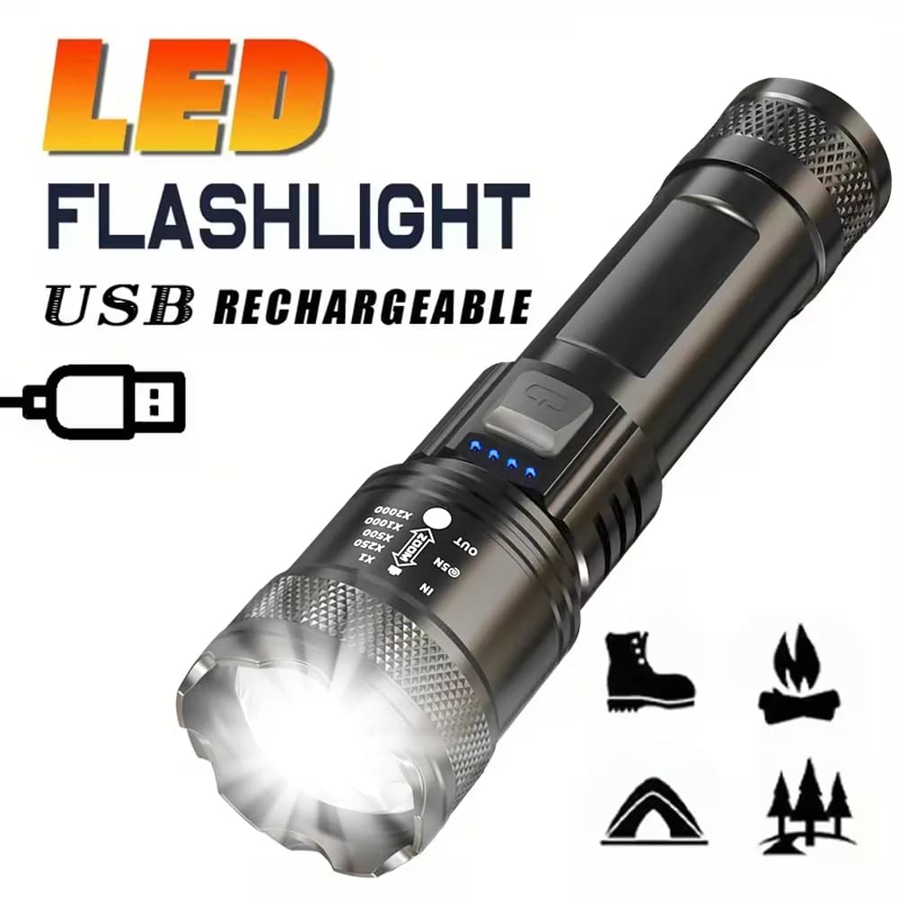 Torcia a LED super luminosa Torcia ricaricabile USB Zoom telescopico Luce Emergenza esterna Pesca da campeggio Lanterna impermeabile
