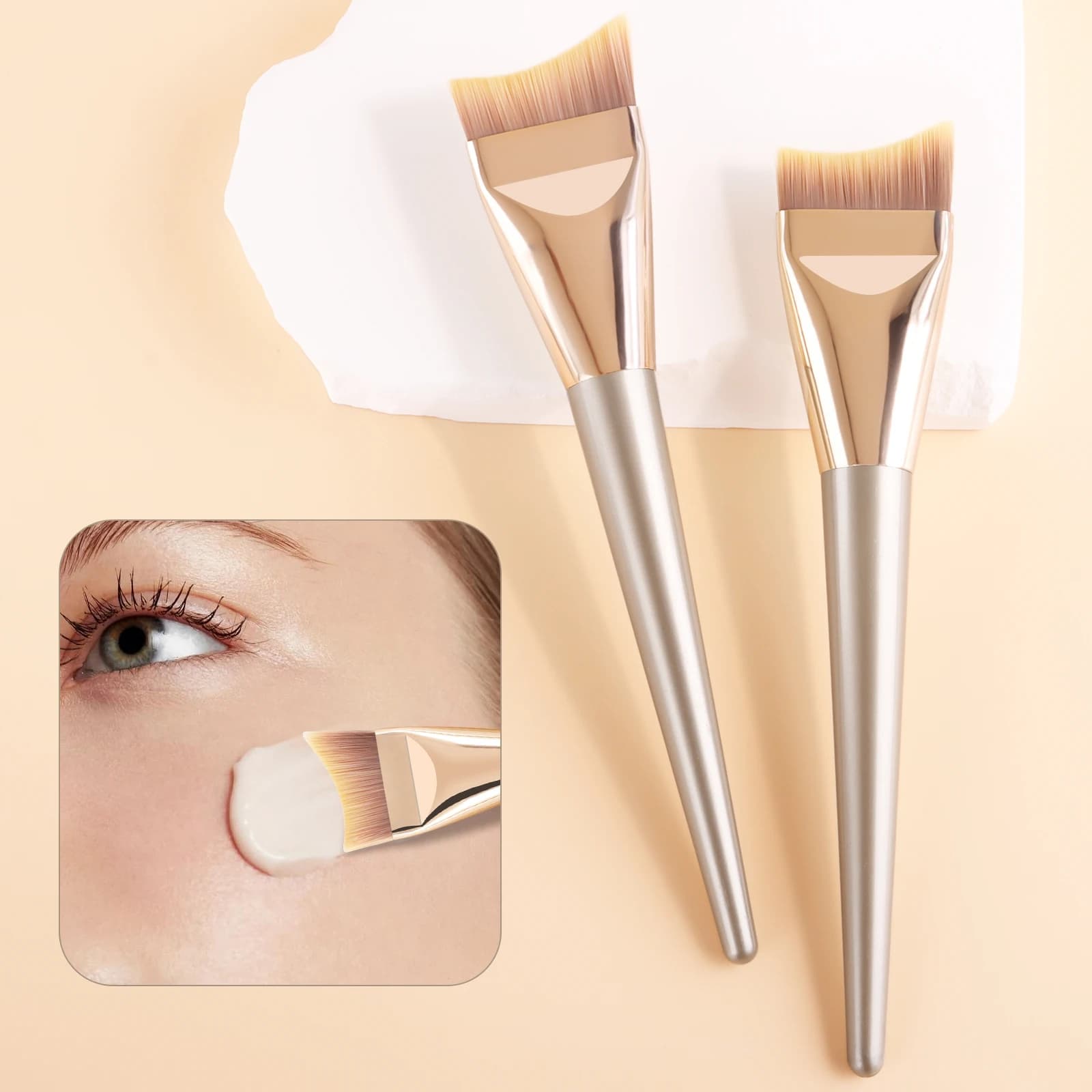 2pcs Traceless Crescent Foundation Make-Up Brush Ultra-Thin Powder Free Base Makeup Concealer Brush Flat Head Liquid Beauty Tool