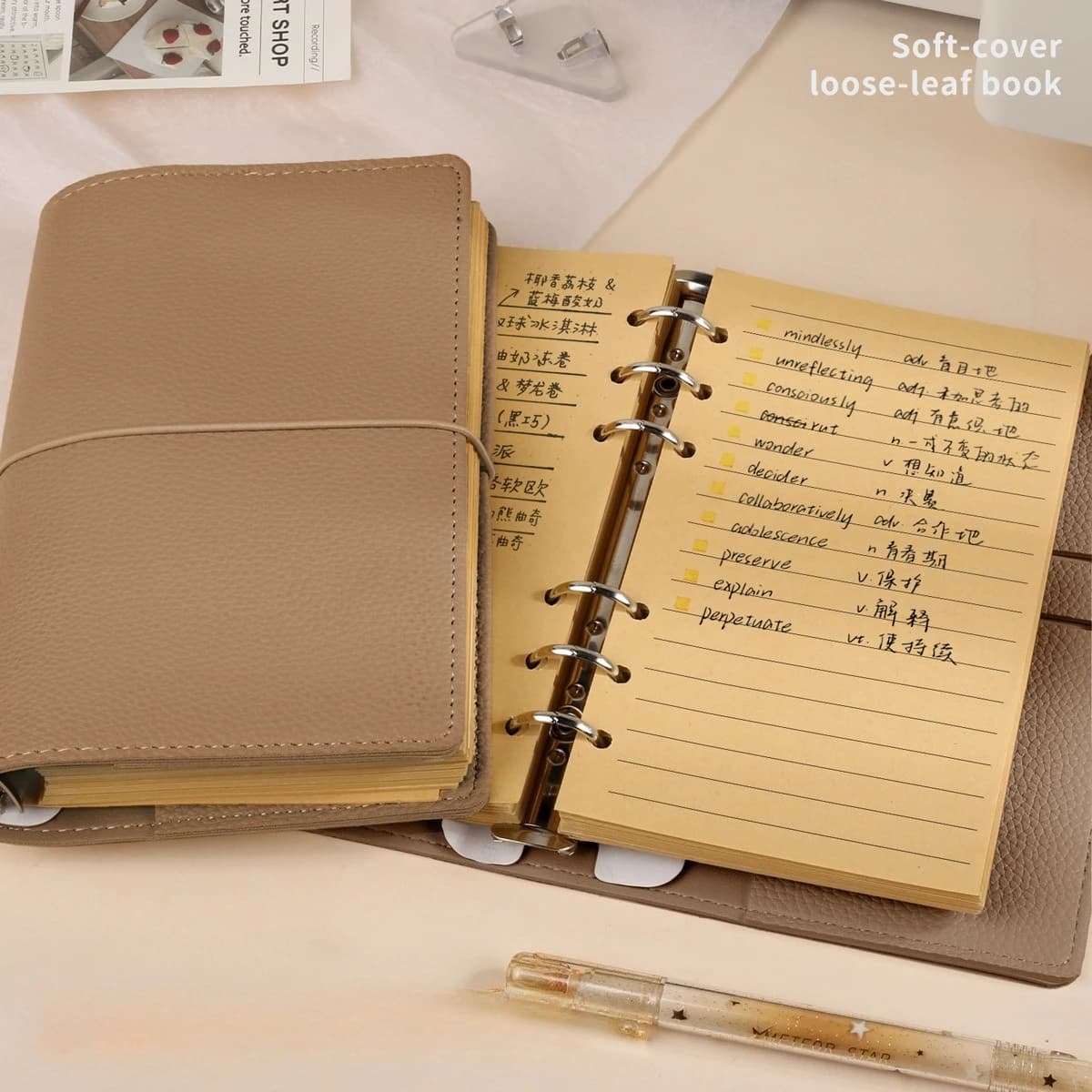 A6 Soft Pu Binder PU Clip-on Notebook Leather Loose Leaf Notebook Cover with Craft Line Notebooks Journal Stationery
