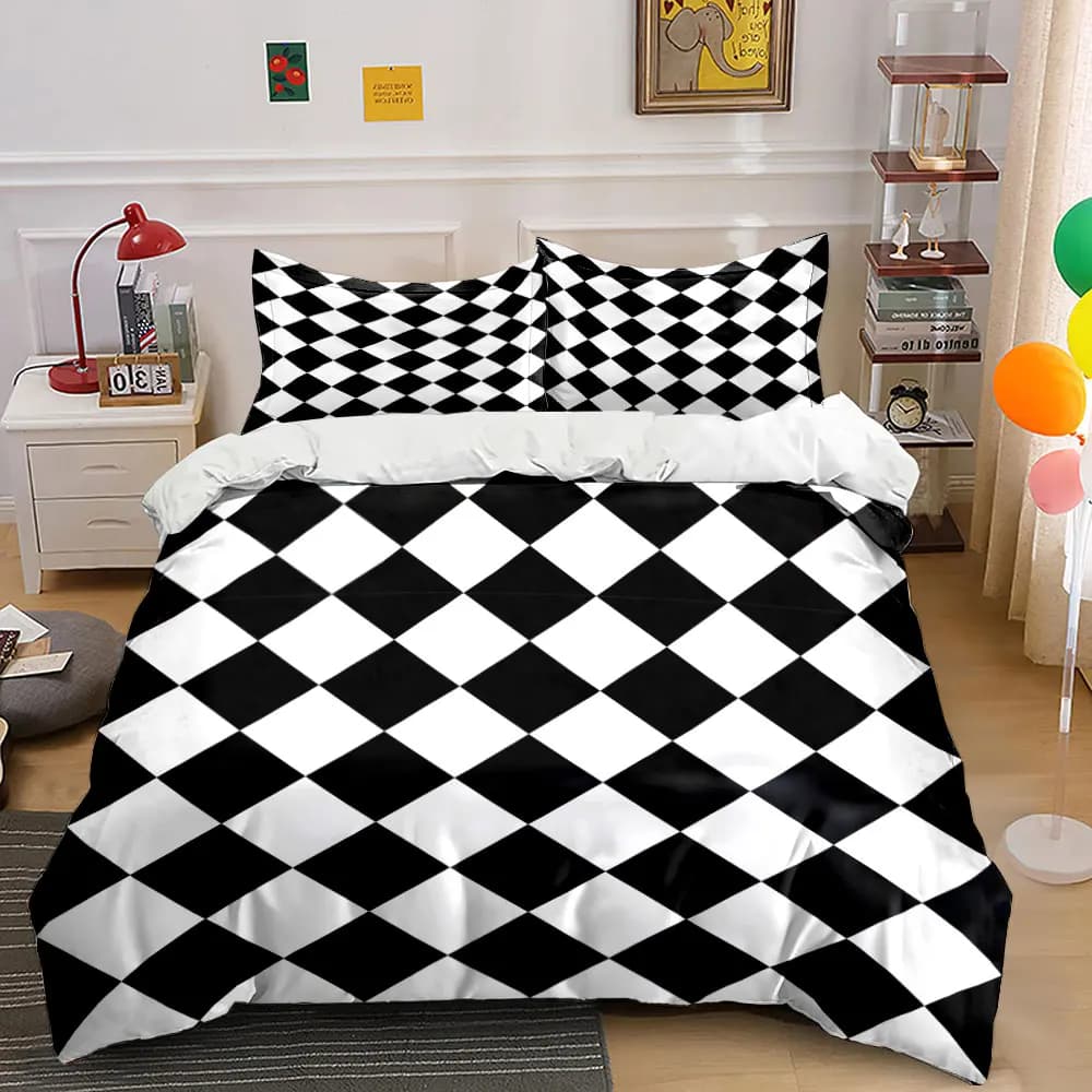Set di biancheria da letto con motivo bianco e nero, con 1 copripiumino, 2 federe, singolo, matrimoniale, king, queen, regalo