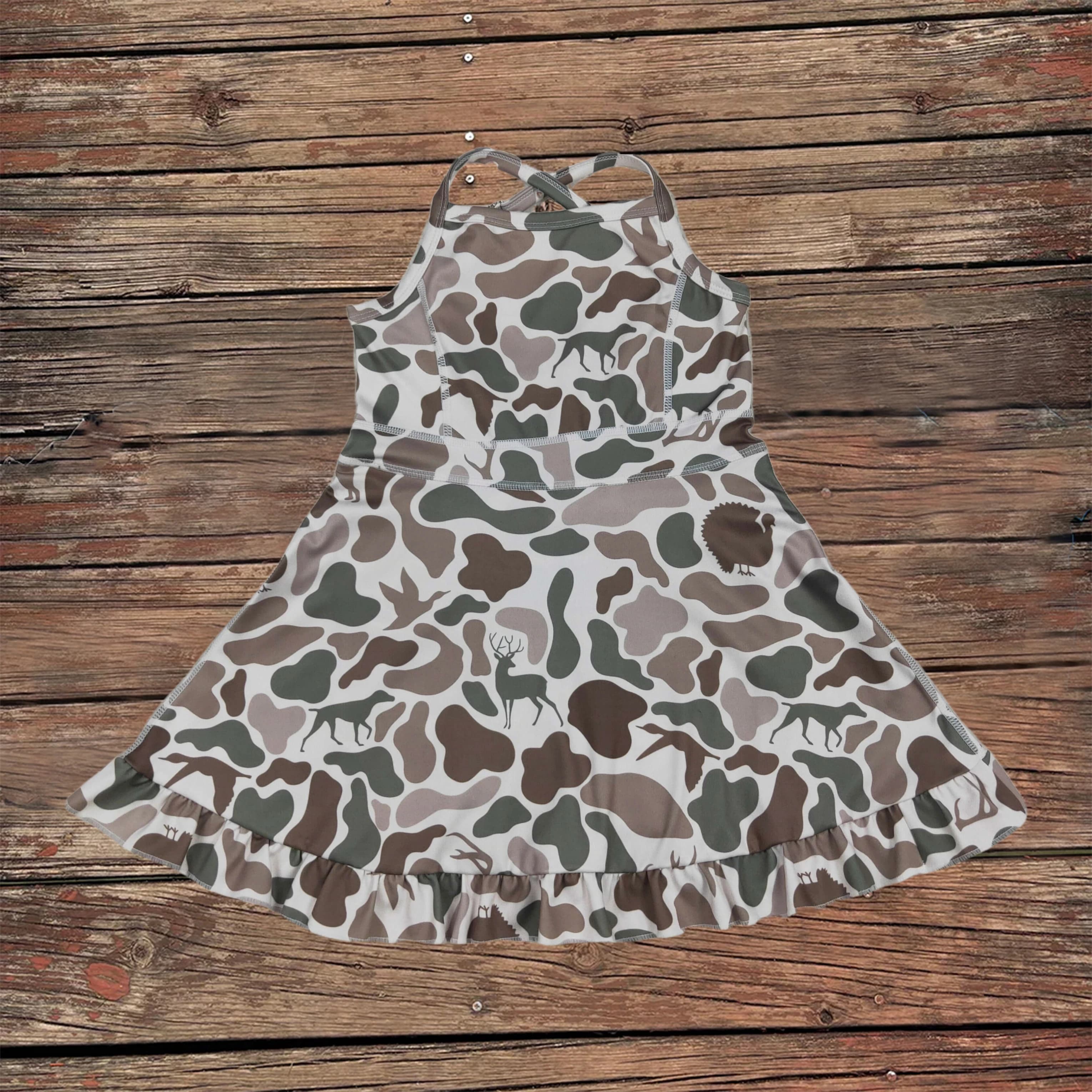 Vendita all'ingrosso bambino estate neonate cinturino verde cervo cani anatre camo skorts atletico abito al ginocchio bambini vestiti per bambini