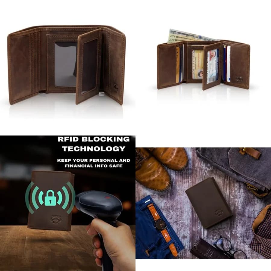 Portafoglio Trifold da Uomo con Blocco RFID in Vera Pelle Nappa, Capacità Extra, 11 Scomparti per Carte, 3 Finestre per Documenti, Porta ID Estraibile
