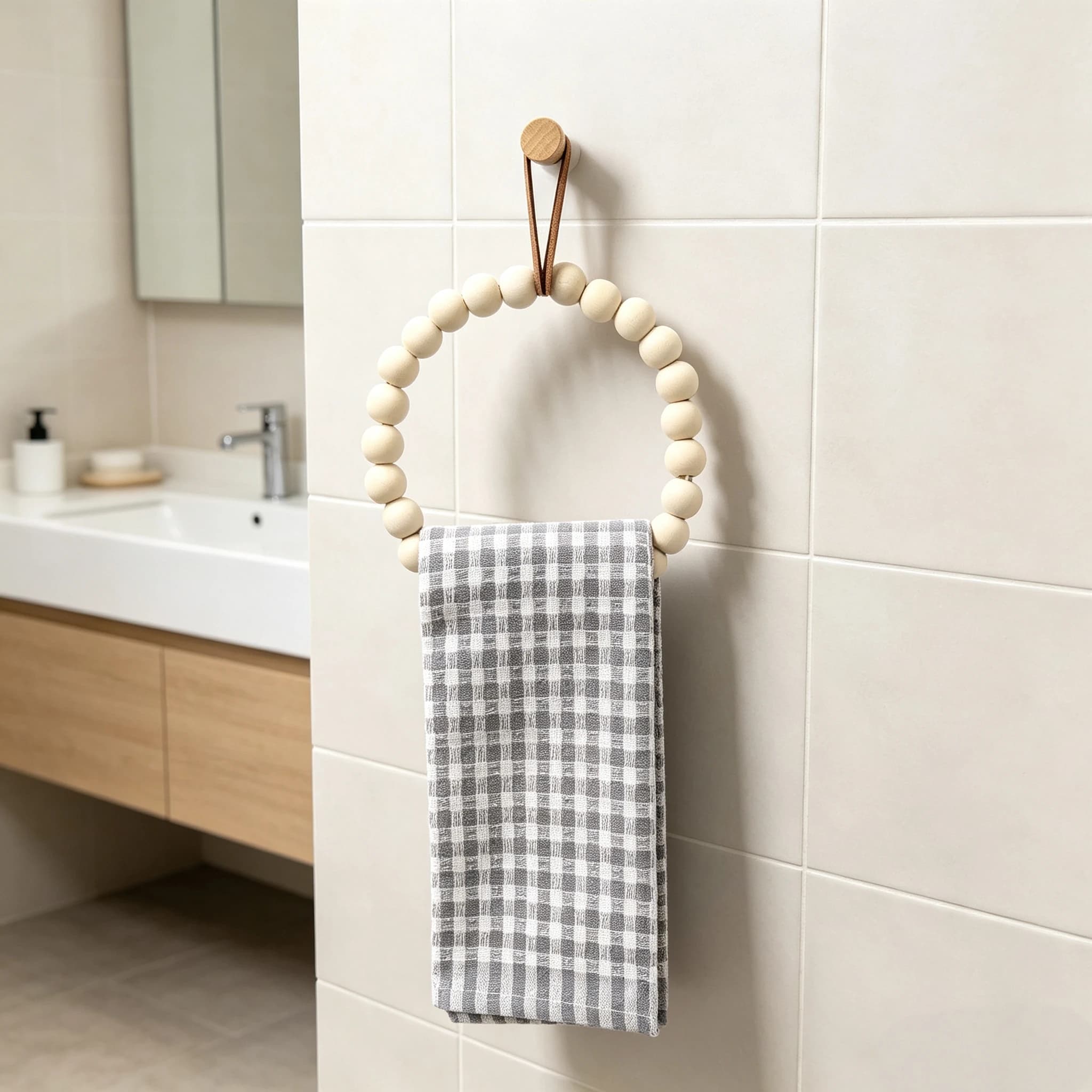 No Drill Suction Cup Bathroom Towel Rack -Bohemian Style Wooden Bead Ring Design With Solid Wood Hooks(No Screws Needed)