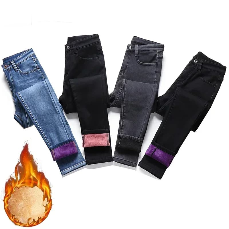 Jeans termici in peluche da donna Jeans sottili elasticizzati caldi da neve invernale Pantaloni a matita in pile da donna Pantaloni in denim a gamba dritta alla moda