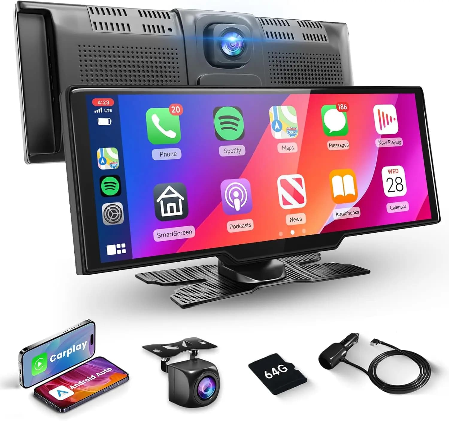 CarPlay 9.3' HD IPS Wireless Car Stereo with Android Auto, Dash Cam 2.5K, 1080P Backup Camera, 64 GB TF Card, Navigation, Double Bl