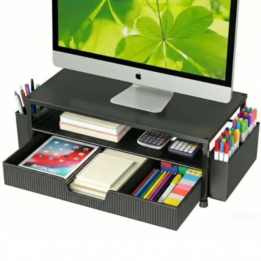 Organizzatore da scrivania e accessori, supporto per monitor a 2 livelli con cassetto portaoggetti e 2 portapenne, per laptop e stampante