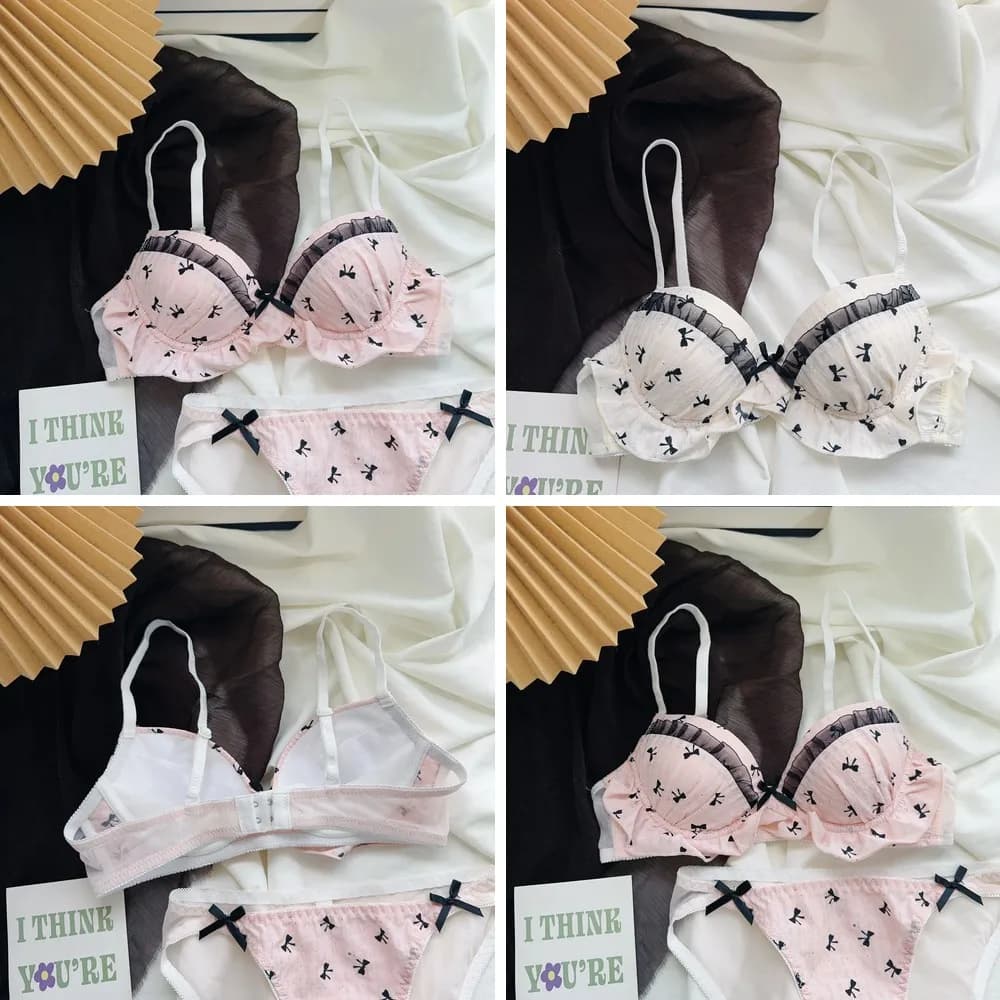 Set di biancheria intima in pizzo stile giapponese con fiocco, reggiseno sottile e senza ferretto per supporto del seno piccolo, anti-cedimento, e slip abbinato