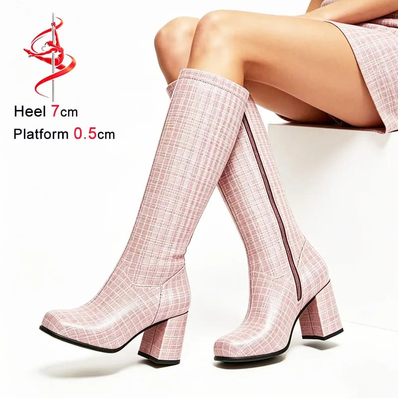 Stivali alti da donna con tacco grosso da 7 cm, punta quadrata, glitter, con cerniera laterale, non sopra il ginocchio, rosa, moderni, lunghi, perfetti per feste.