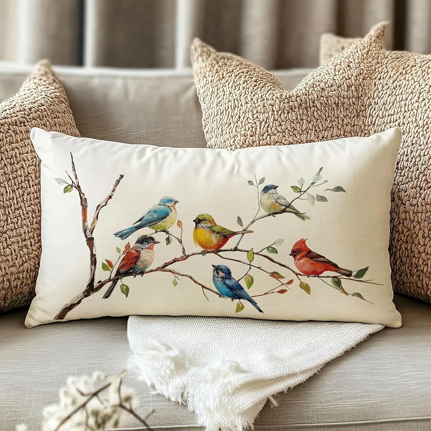 1pc Oil Painting Style Birds on Branch Pillow Cover,Suitable for Sofa,Bedroom,Living Room,Study, Artistic Gift for Bird Lovers.