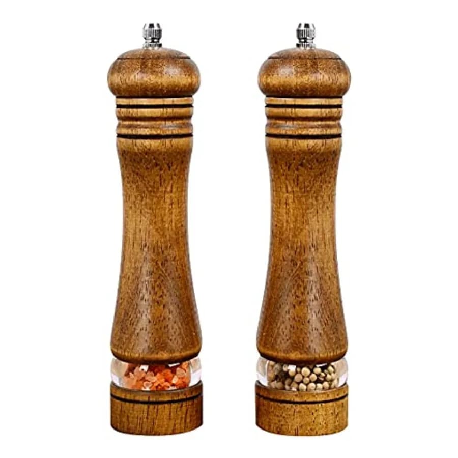 Set di Macinapepe e Macinasale in Legno con Finestra Acrilica Trasparente, Rotore in Ceramica Regolabile, Macinini per Spezie Ricaricabili, 8 Pollici, 2 Pezzi