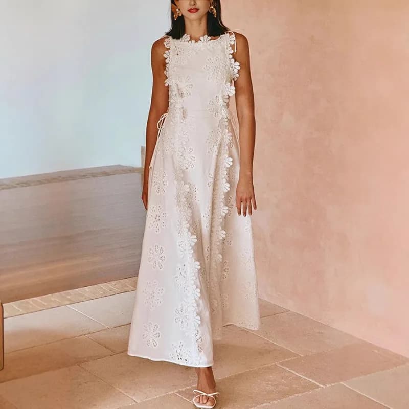 Abito da festa estivo per donna Casual primavera ampio o collo applicazioni in pizzo fasciatura senza maniche scollato abito lungo da vacanza al mare