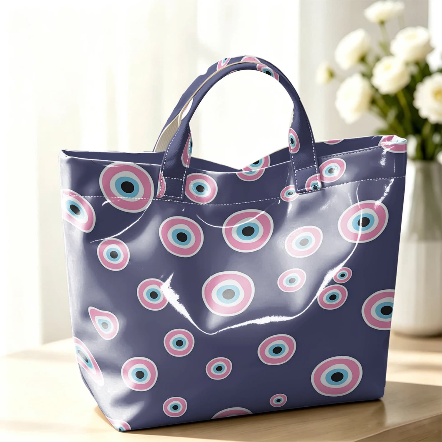 Evil Eye Stylish Large Glossy PVC Tote Bag Washable Waterproof Durable Ideal for Travel Commute Cosmetics Books Handbags