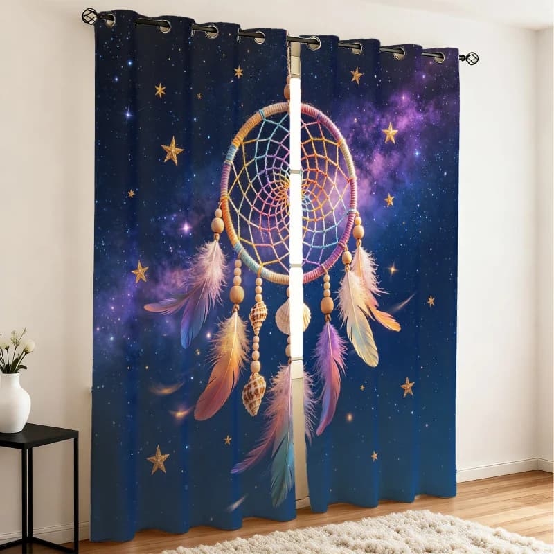 Two-panel bohemian style moon curtains, starry sky dreamcatcher curtains, suitable for bedrooms, living rooms, and dining rooms.