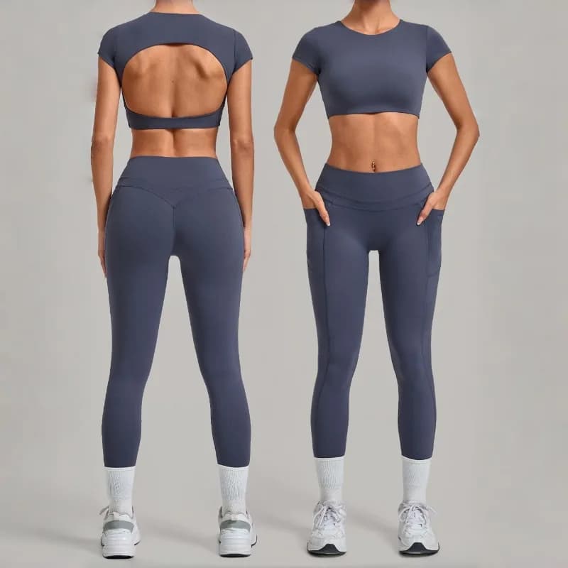 Completi Yoga Donna Senza Cuciture, Set Sportivo Fitness con Pantaloni a Vita Alta Effetto Push-up e Top a Maniche Corte Scoperte, Completi Leggings da Palestra per Allenamento