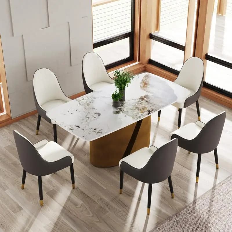 70.86 Tavolo da pranzo moderno curvo in pannello bianco con gambe in ferro bronzo - Sedili da 6 a 8 con 6 sedie