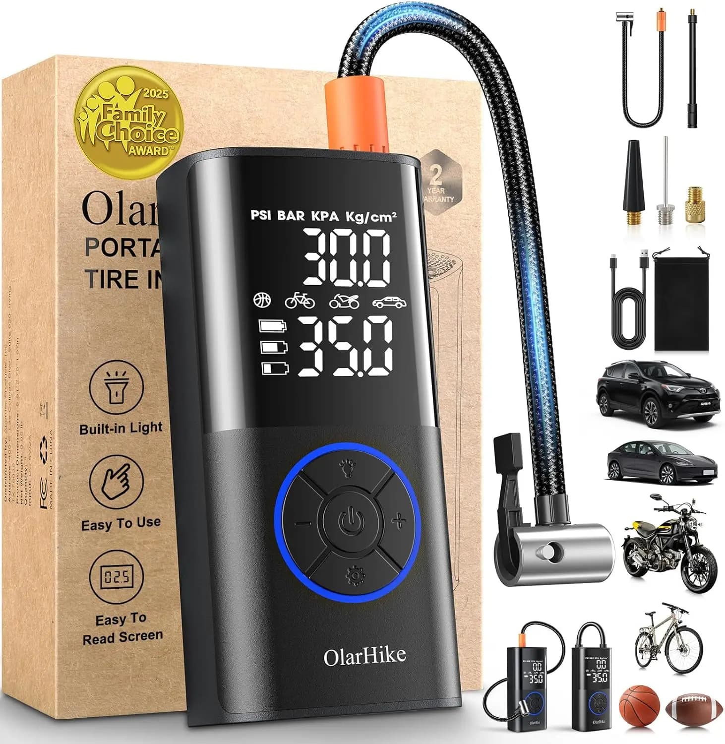 Compressore d'aria portatile con doppio tubo intelligente, pompa automatica da 160 PSI per pneumatici auto, bici, moto, luce LED e manometro digitale