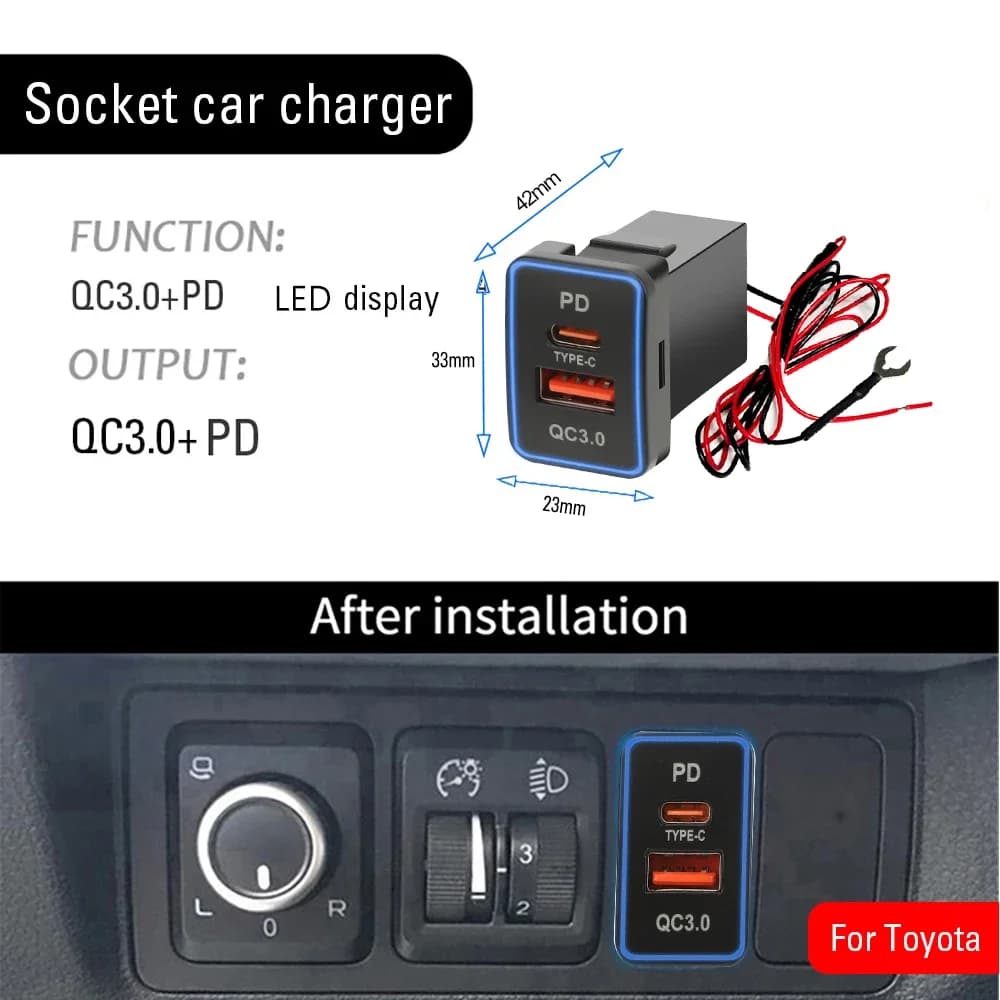 Per Toyota QC PD 3.0 USB Adattatore per caricabatteria da auto Presa DC 12V-24V Adattatore per caricabatteria per telefono cellulare Ricarica rapida con luce a LED