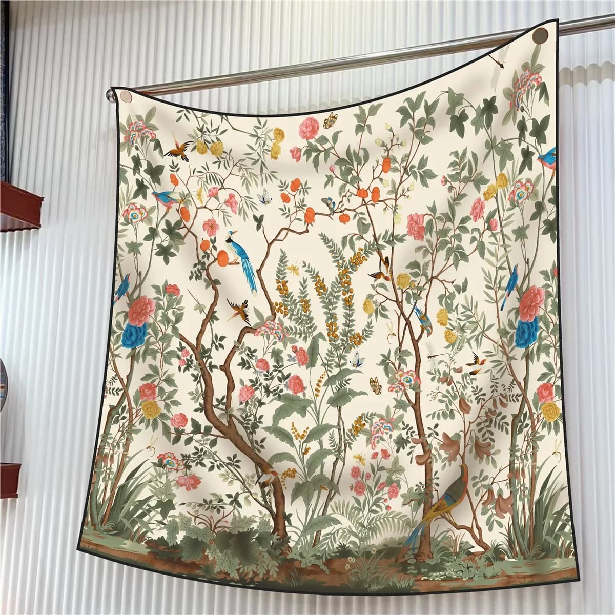 90 cm French floral bird scarf - Premium twill slide, fashionable sun protection, stylish square scarf for women