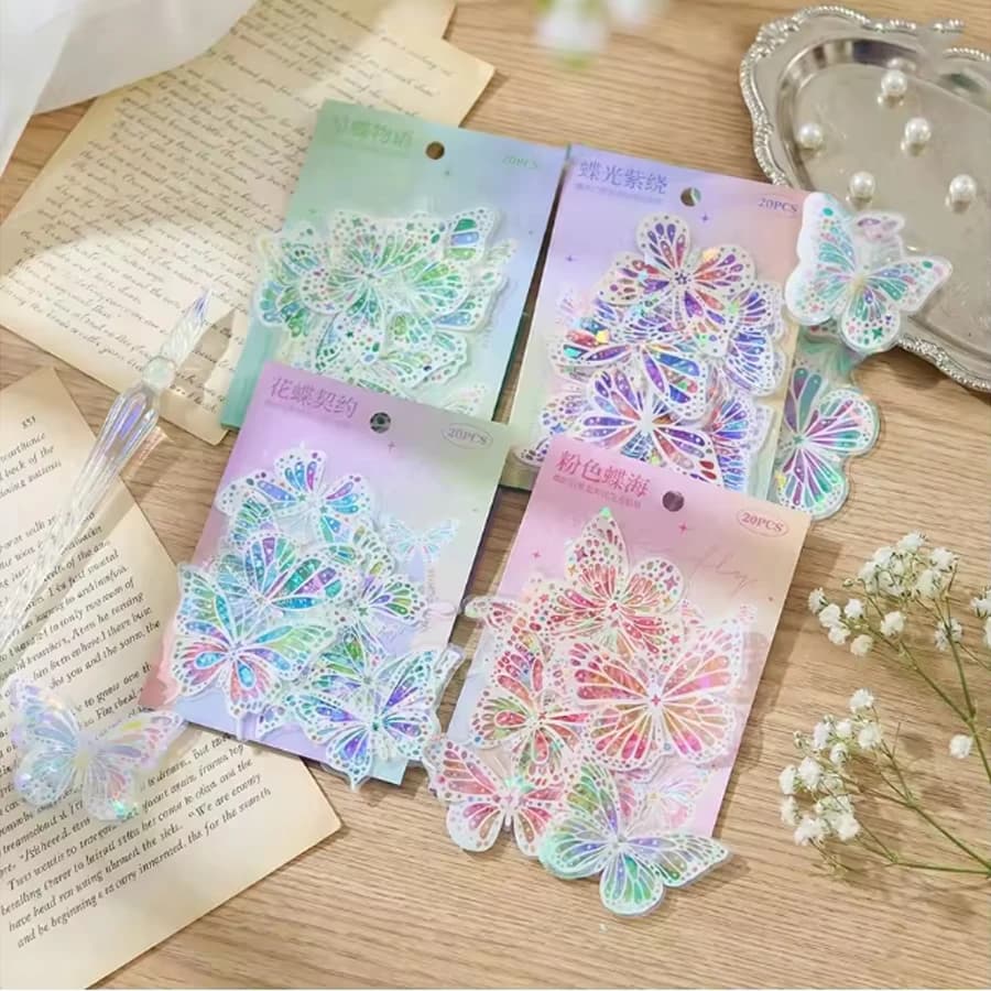 20Pcs Butterfly Scrapbook Stickers Kit Holographic PET Transparent Waterproof Stickers Set for Junk Journal Journaling