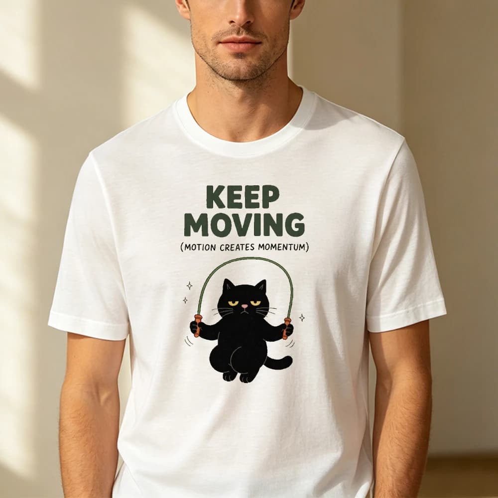 Keep Moving Motion Creates Momentum Jump Rope Black Cat Drawing Men Summer T Shirt Motivational Whimsical Casual Tops