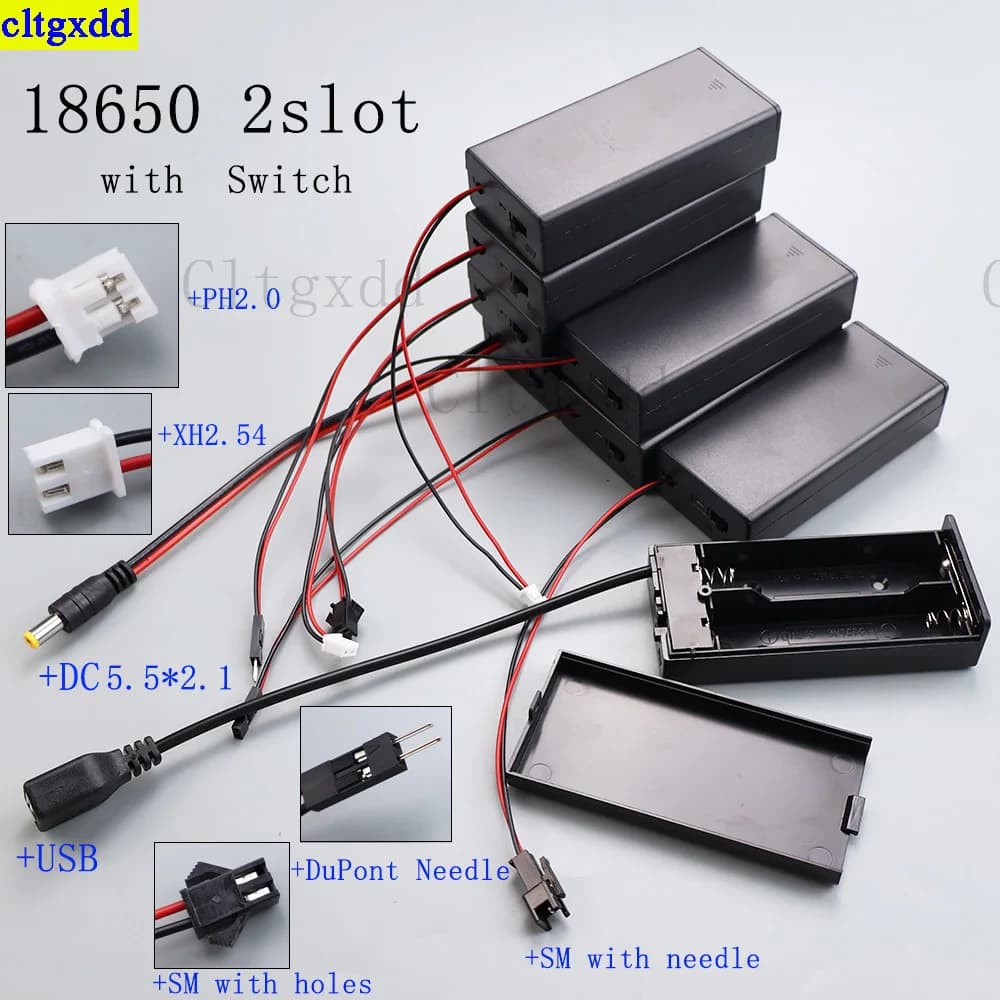 Cltgxdd 1 set 18650 2 slot con interruttore a coperchio, cartuccia batteria PH2.0/XH2.54/USB/DC/SM con ago e supporto per batteria con cavo