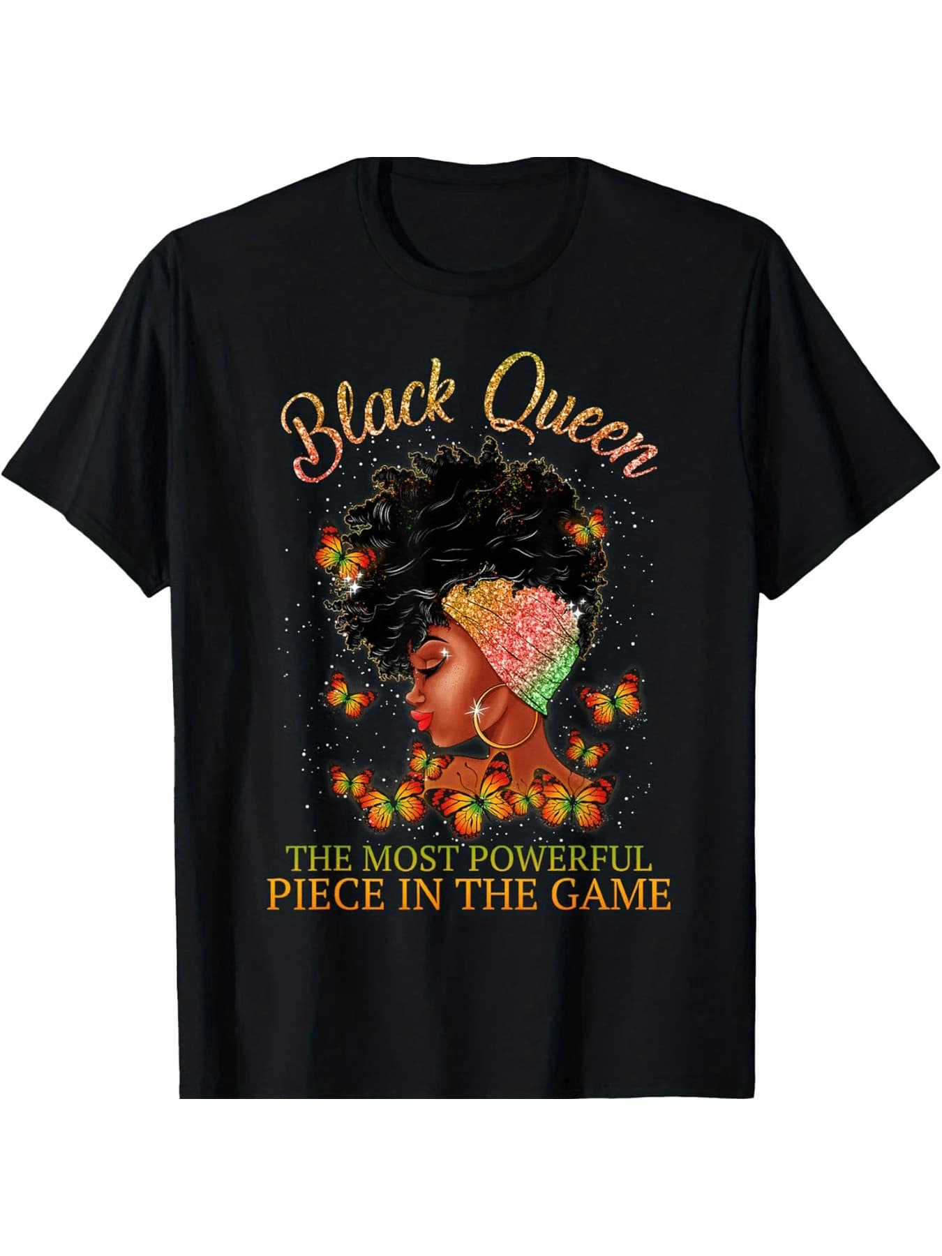 Black Queen With Butterflies And Crown T-shirt a maniche corte da uomo e da donna, girocollo nero