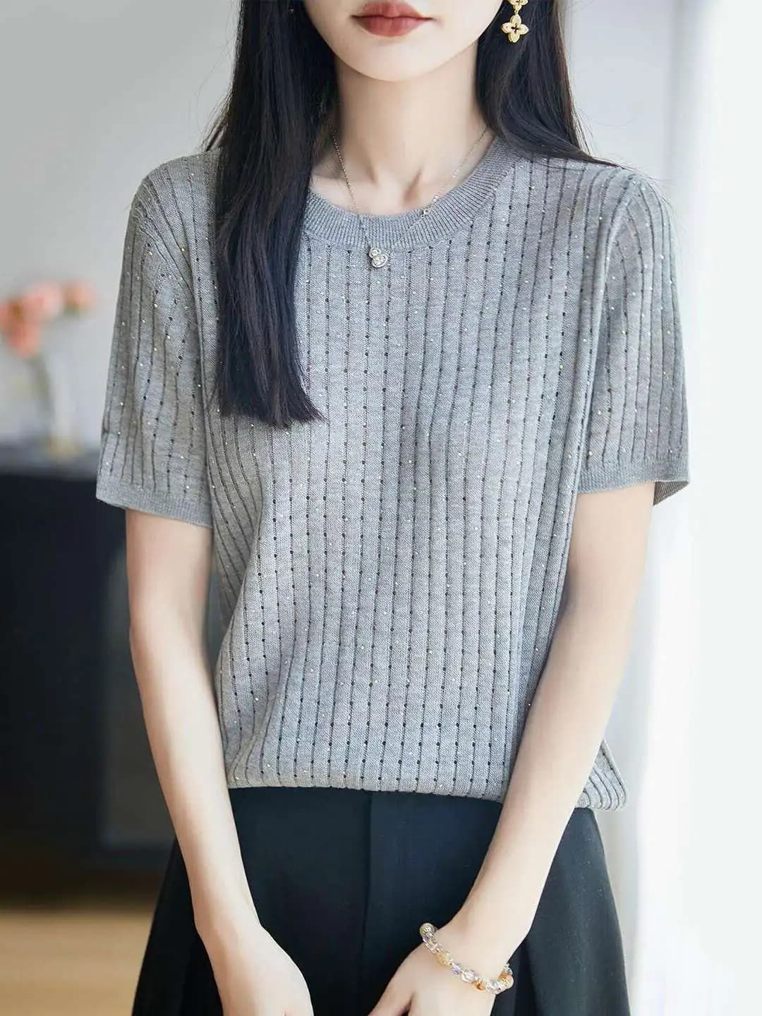 2026 Summer New Hollow out Color Knitted Short Sleeve Women's T-Shirt Ice Silk Thin Knitwear Large Size Female Top