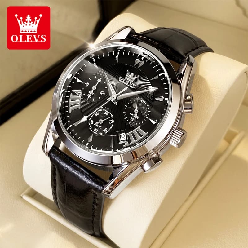 OLEVS men's watches fashion casual chronograph moon phases men's wrist watch waterproof leather strap trend authentic watch for men