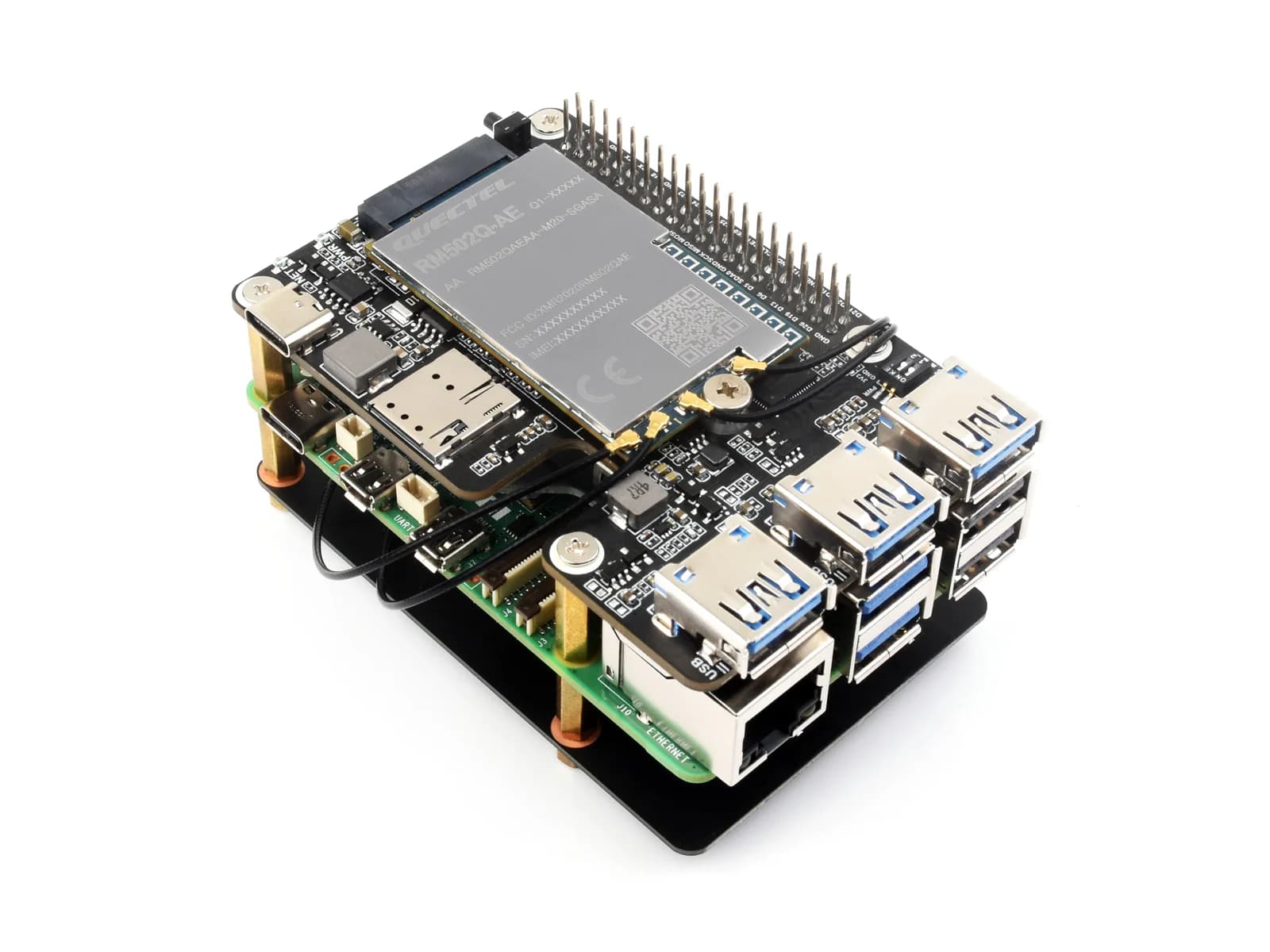 PCIe at 4G/5G M.2 USB3.2 HAT +, for Raspberry Pi 5, with SIMCom/Quectel 4G/5G modules, with Musk antenna, Raspberry Pi 5 HAT