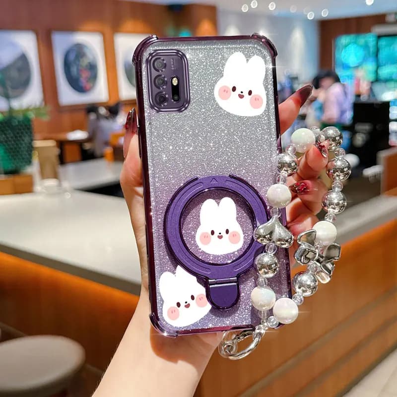 Pearl Strap Lanyard Glitter Rabbit head Phone Holder Case For Motorola Moto G30 G20 G10 Power G52 G54 G84 G71S G82 Stand Cover