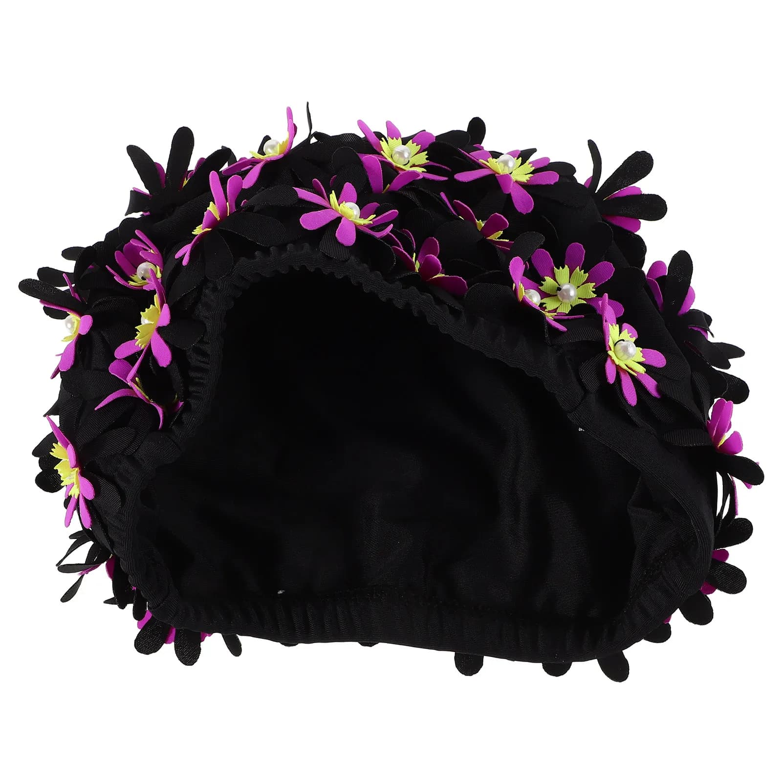 Floral Nuoto Headphone Reusable for Women, Double Layer Fabric, Floral Embroidery with Pearls, Elegant Bathroom Hat Waterproof for Swimming Pool and Spa