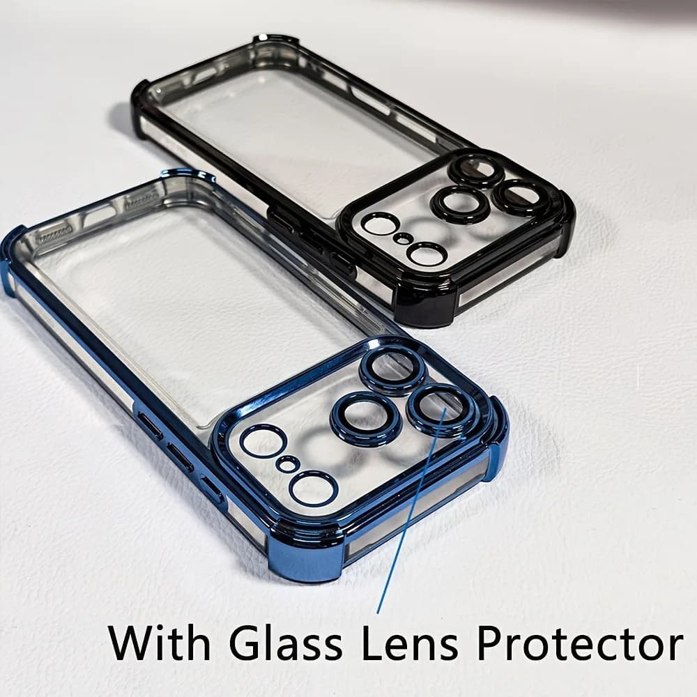 Luxury Plating Shockproof Clear Case For iPhone 17 16 15 Pro Max 17Pro 16Pro Lens Protection Cover For iPhone 14 13 Pro Max Case