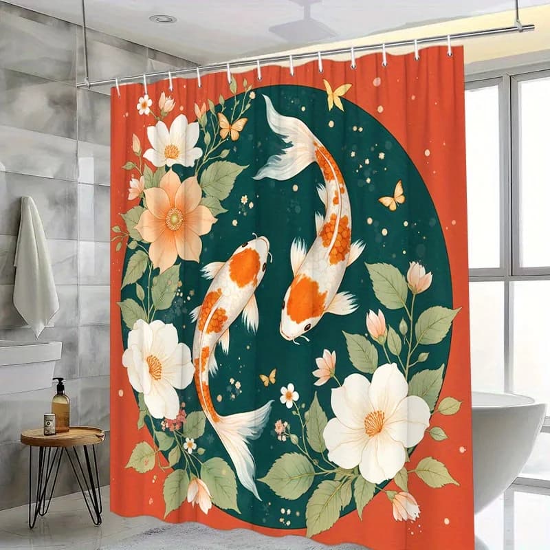 Tenda da doccia Koi Fish e floreale - Design ad acquerello, poliestere, 12 ganci, 70,8x70,8 pollici, arredamento ispirato alla natura