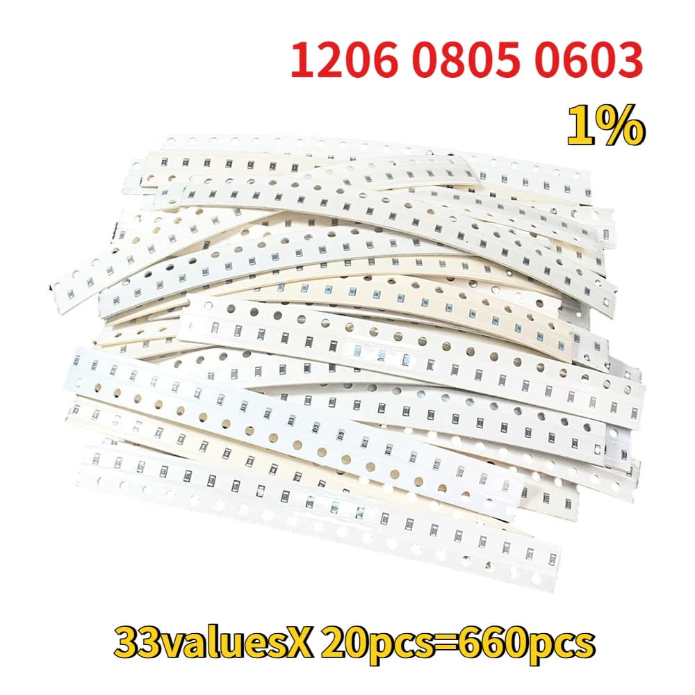 660 pieces 1206 1% resistor SMD 0805 0603 resistors kit assorted 33 values each 20 pieces 1R-1M 10K 100K 1K 100R resistors set