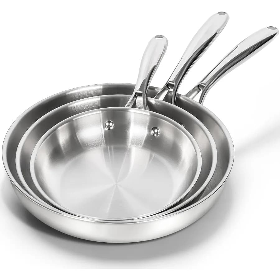 Set di padelle in acciaio inossidabile 18 10 8 9,5 11 padelle con base triplata per una distribuzione uniforme del calore Maniglie ergonomiche per Co
