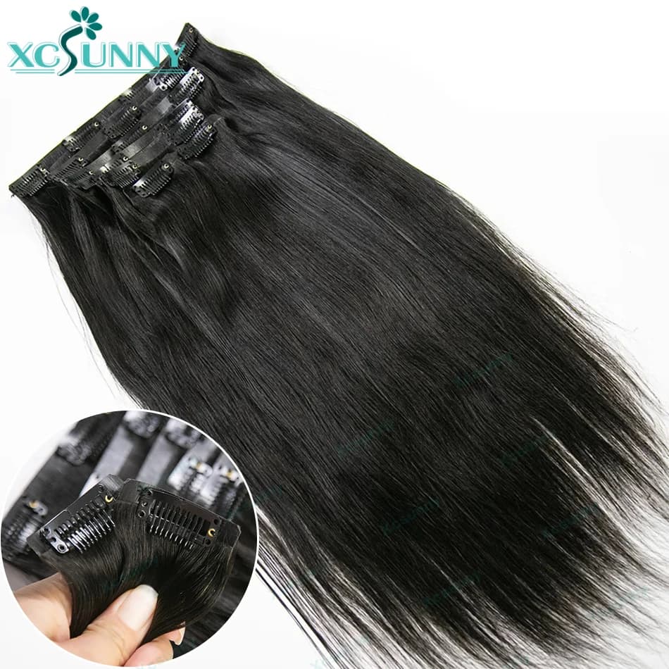 PU Clip In Hair Extensions Human Hair Full Head Silky Straight Skin Weft Burmese Weft Clip In Hair Straight For Black Women