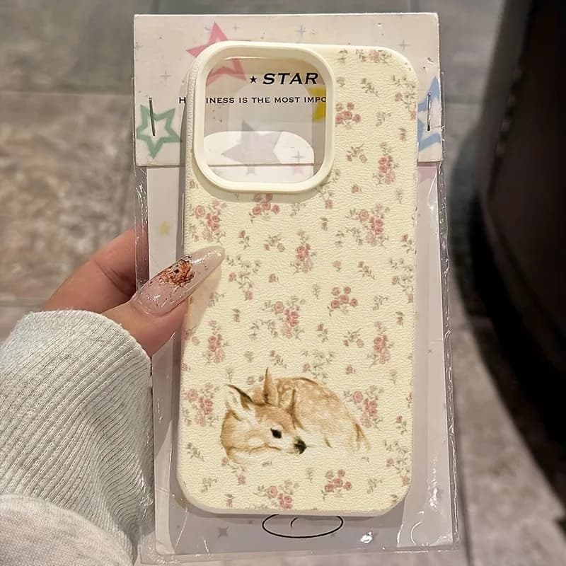 Soft iPhone Case with Floral Design Complete with Deer Shape and Lichee Pattern for iPhone 17 16 15 14 13 12 11 Pro Max XS XR 17 Air 16 17 Pro