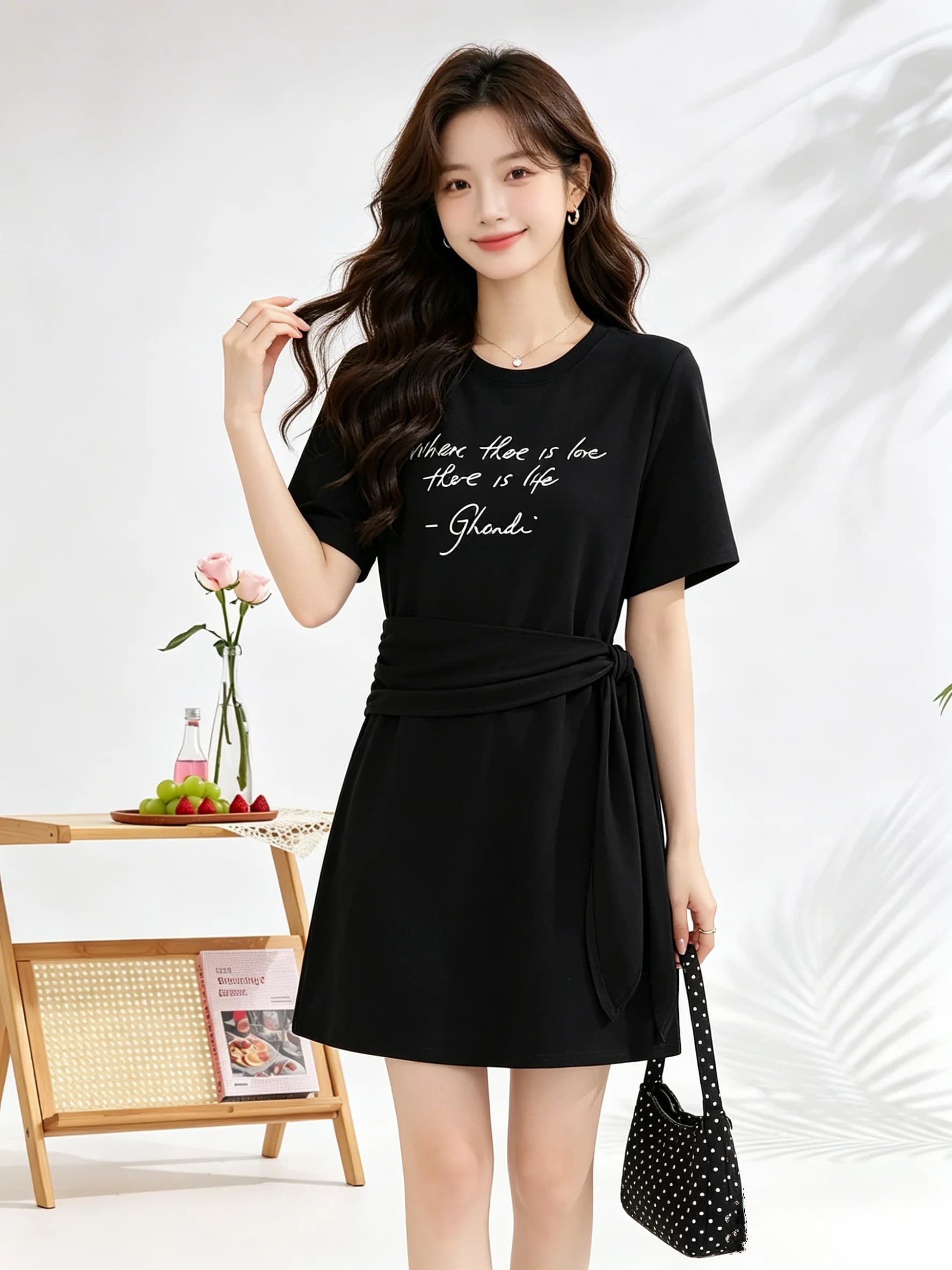 Abito T-Shirt Stile Coreano con Collo Rotondo e Stampa, Maniche Corte, Vita Stretta, Design con Cintura Plissettata, Vestito Estivo Snellente per Donne