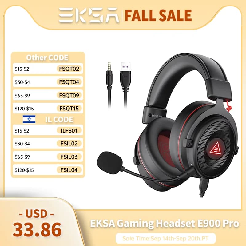 EKSA E900 Pro Gaming Headset 7.1 Surround Sound USB Wired Headphones Detachable Noise Cancelling Mic for PS4 PS5 Xbox One Laptop