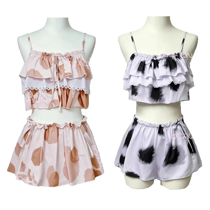 Costume da bagno Lolita con stampa gatto, set bikini a fascia con bretelle e top triangolare con volant, stile Lolita, per donna