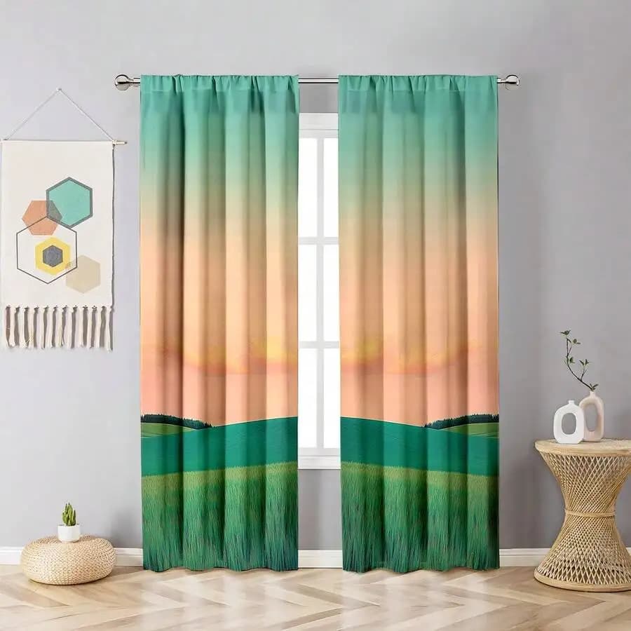 2pcs Blackout Curtains With Thermal Insulation, Printed Polyester Fabric, Rod Pocket Drapes For Living Room Bedroom